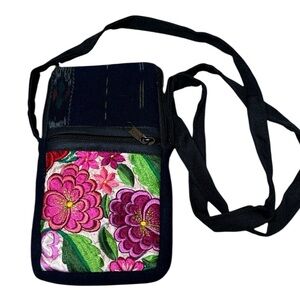 Handmade Boho Floral Embroidered Crossbody Bag in Black